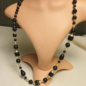 Chico  Vintage Black Arylic and Gold Beaded Necklace 36 Inches